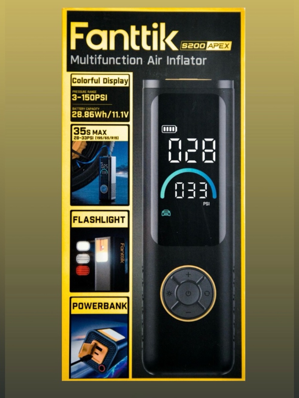 Fanttik Multifunction Air Inflator - Black with Yellow Accents